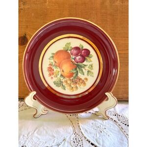 Hyalyn Porcelain Fruit Plate Vintage Burgundy Gold Trim Decorative 8.25 Inch